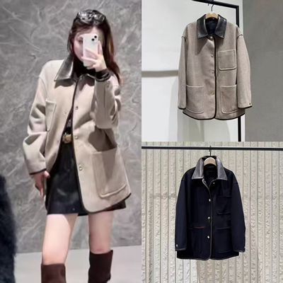 翻领撞色拼接口袋宽松毛呢外套女