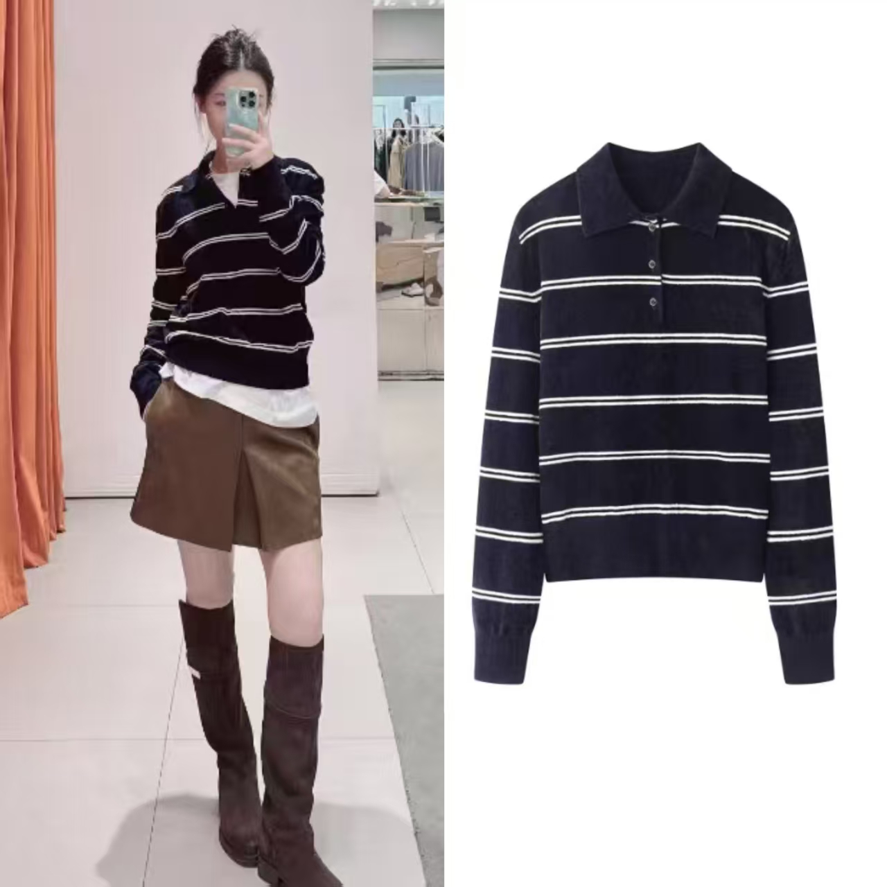 复古翻领条纹短款POLO领针织上衣