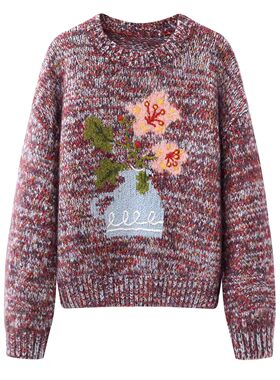 DN高端定制复古撞色花卉刺绣圆领针织衫女宽松显瘦套头毛衣