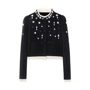 DN高端定制法式千金风圆领假两件钉珠针织开衫女2025冬季短款外套