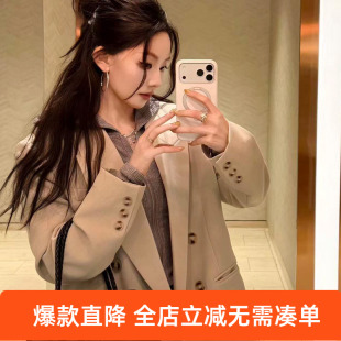 三彩2026春季新款休闲西装外套双排扣正肩小西服中长宽松气质Z