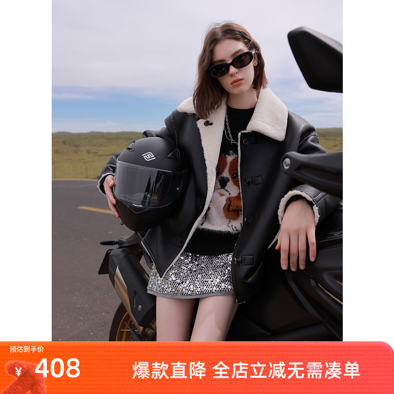 ibudu2024冬季新款机车服PU皮环保皮草两穿毛绒外套保暖女