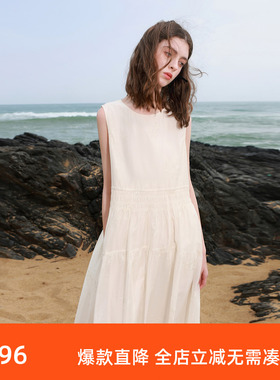 ibudu2025夏季新款度假风莱赛尔绣花连衣裙圆领无袖大摆裙女