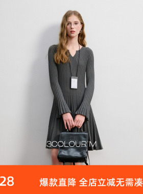 三彩2025冬季新款针织连衣裙V领长袖百褶裙短裙A字裙气质M