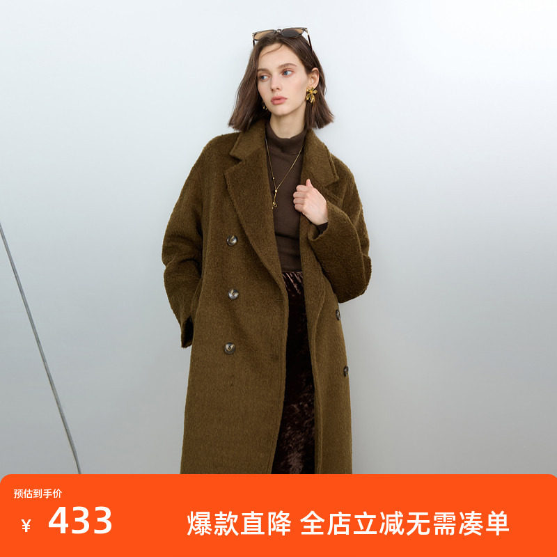 三彩2024冬新款棉羊毛大衣长款双排扣毛呢外套西装领单面呢气质女