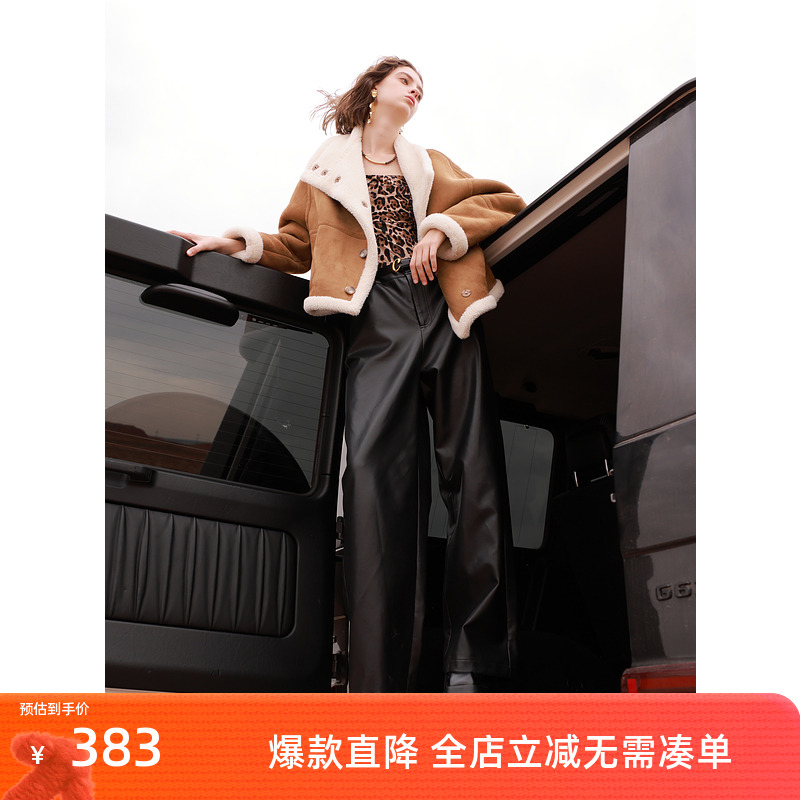 ibudu2024冬季新款仿麂皮颗粒绒环保皮草机车外套宽松潮酷