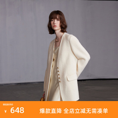 三彩2024冬新款西装式绵羊毛大衣V领双面呢外套玫瑰花宽松轻奢女S