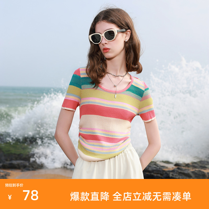 ibudu2025夏季新款彩虹条纹针织衫圆领短袖上衣修身毛衫女