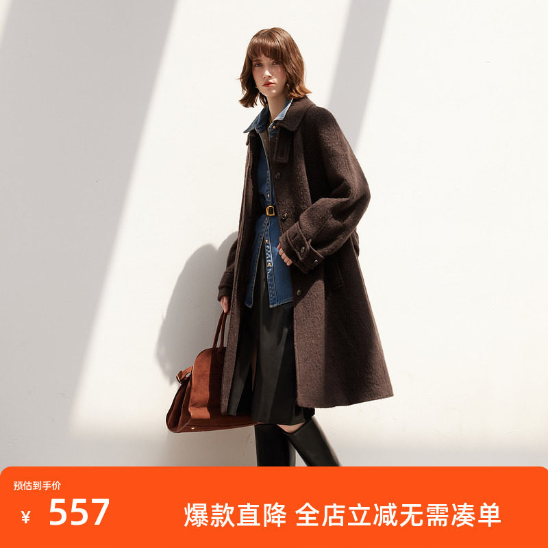 三彩2024冬新款绵羊毛加棉呢大衣宽松长款毛呢外套复古英伦风女S