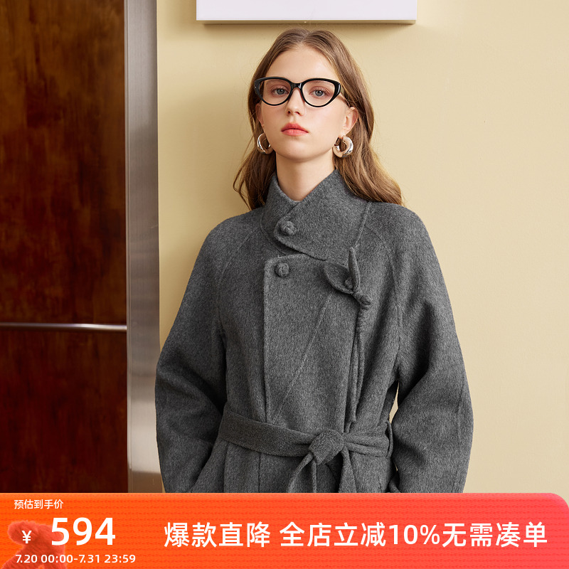 三彩2024冬季新款绵羊毛双面呢大衣设计感毛呢外套长款格雷系女M