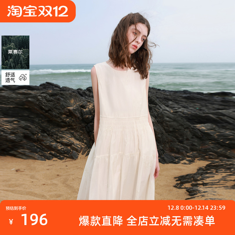 ibudu2025夏季新款度假风莱赛尔绣花连衣裙圆领无袖大摆裙女