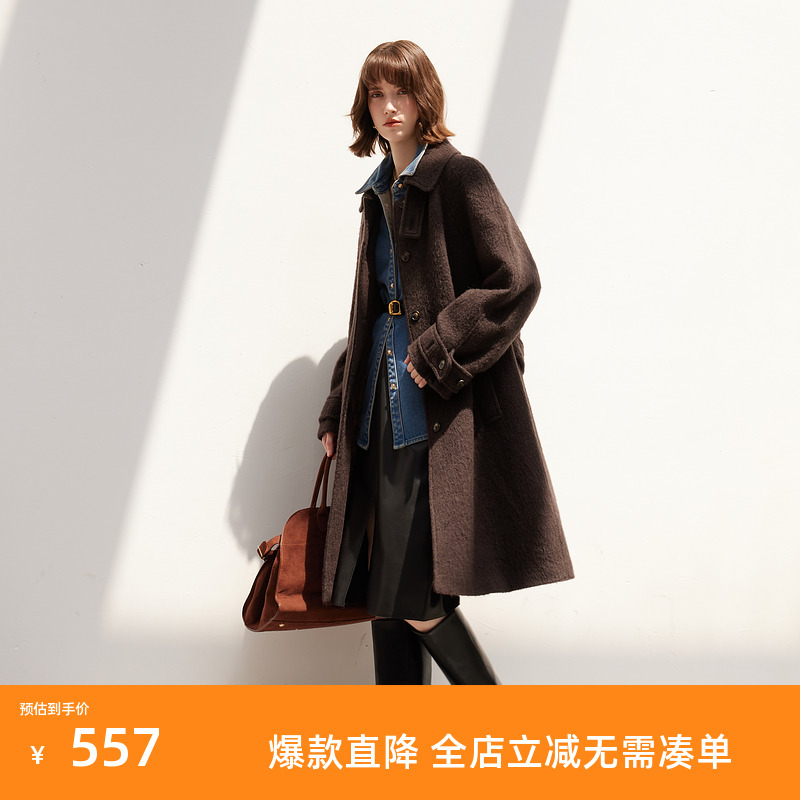 三彩2024冬新款绵羊毛加棉呢大衣宽松长款毛呢外套复古英伦风女S