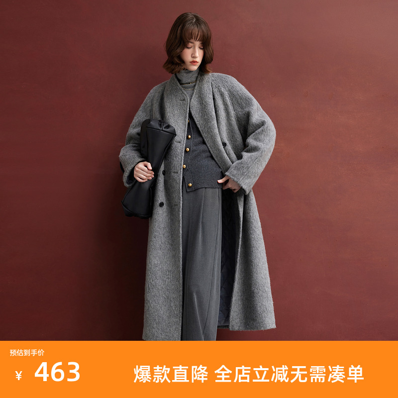 三彩2024冬新款绵羊毛加棉呢大衣宽松长款毛呢外套双排扣休闲女S