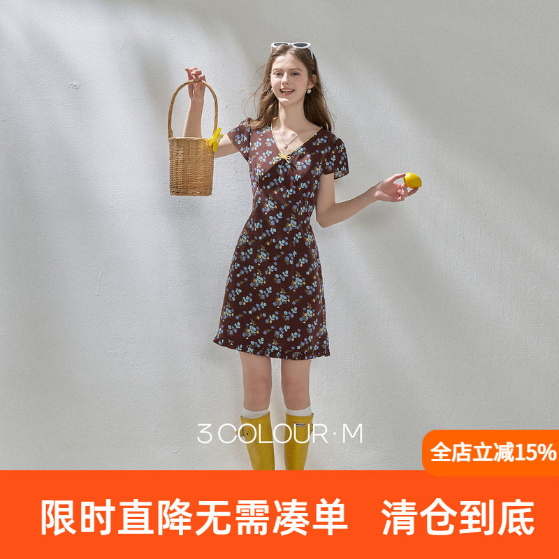 三彩2026夏季新款碎花连衣裙V领收腰A字裙短裙木耳边M图片