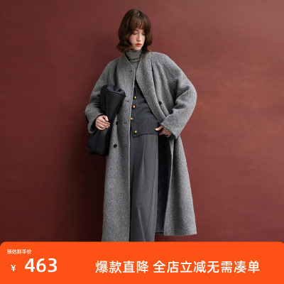 三彩2024冬新款绵羊毛加棉呢大衣宽松长款毛呢外套双排扣休闲女S