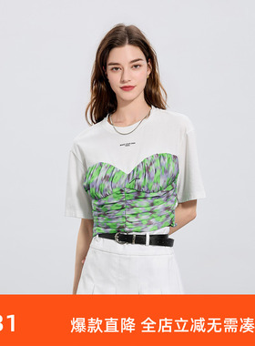 ibudu2025夏季新款修身短款印花衬衣字母圆领短袖小衫套头女