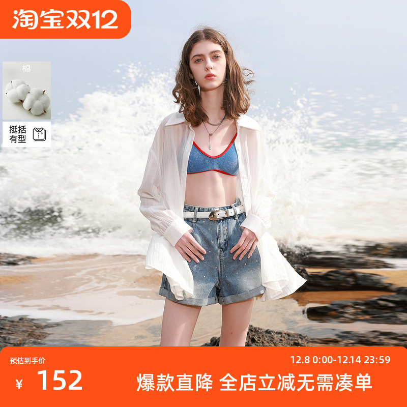 ibudu2025夏季新款烫钻翻边牛仔短裤时髦热裤宽松直筒裤女