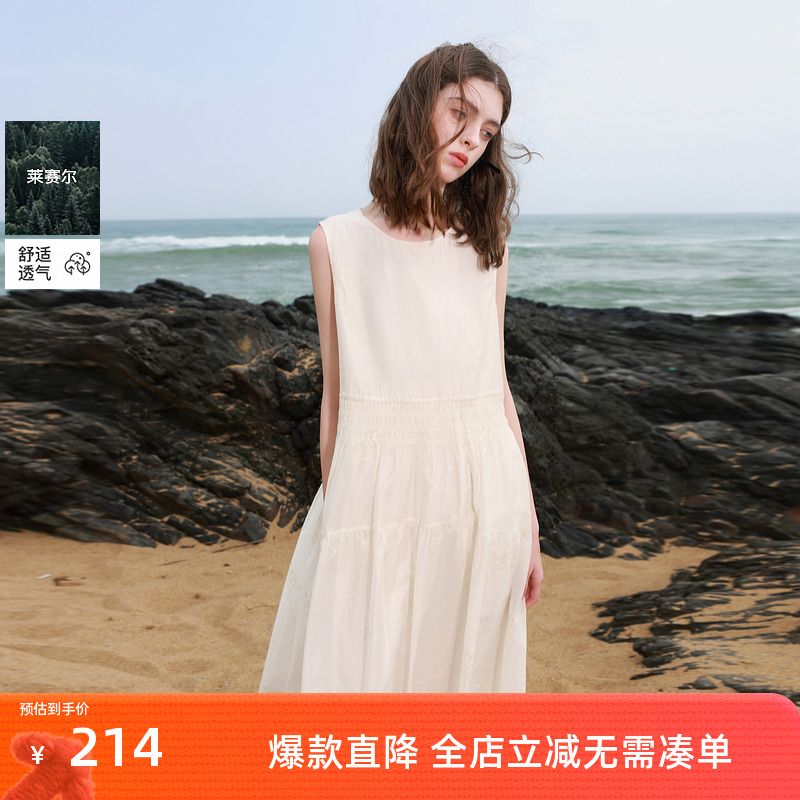 ibudu2025夏季新款度假风莱赛尔绣花连衣裙圆领无袖大摆裙女