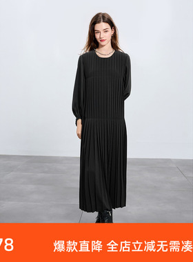 ibudu2025春季新款压褶小黑裙圆领灯笼袖宽松长裙简约女