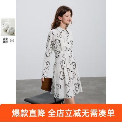 ibudu2025春季新款蝴蝶结剪影印花连衣裙纯棉收腰衬衫裙短裙