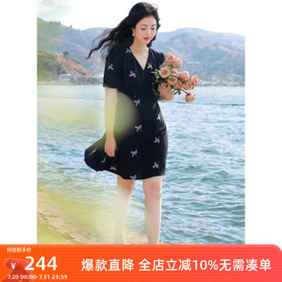 法式 若潮大码 新款 女装 V领连衣裙刺绣收腰短裙气质胖MM 2024夏季