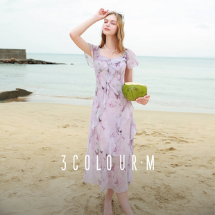 蝴蝶印花雪纺连衣裙大摆长裙M 木耳边荷叶袖 三彩2025夏季 新款