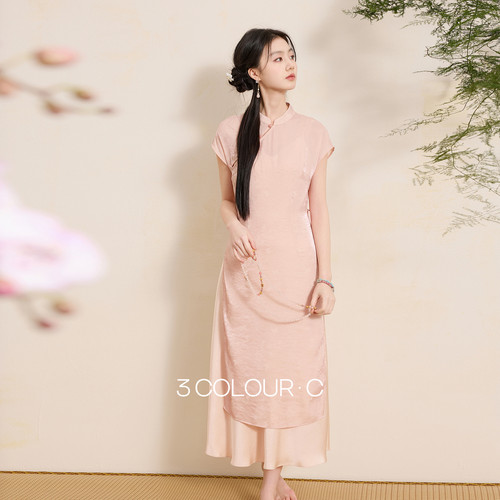 三彩【茶香袅袅】2026夏季新款中式改良旗袍裙两件套连衣裙长裙C