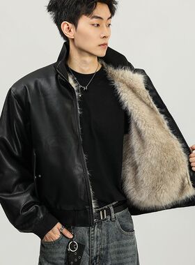 港风复古座山雕毛毛pu皮夹克外套男宽松休闲加厚保暖短款立领棉衣