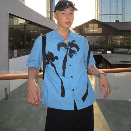 夏季蓝色印花古巴领短袖衬衫男宽松休闲度假慵懒风痞帅衬衣薄外套