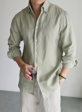 意式老钱风一片领亚麻长袖衬衫男春秋高级感商务休闲透气通勤衬衣