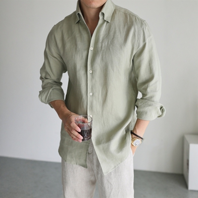 意式老钱风一片领亚麻长袖衬衫男