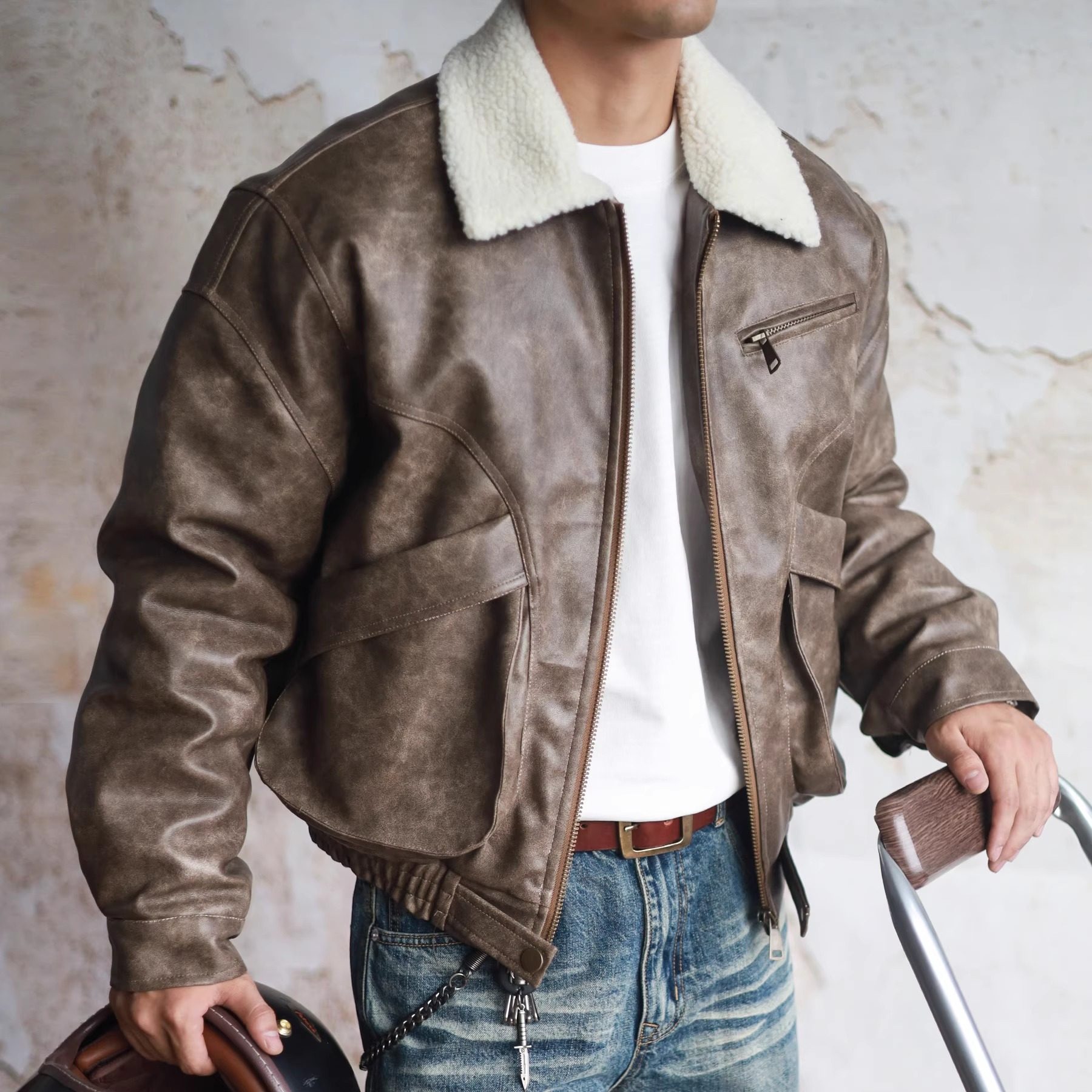 美式飞行皮衣毛领棉衣夹克外套男硬汉复古宽松休闲加厚保暖棉服冬,男装,皮衣,淘宝优惠券,粉丝福利购,淘宝优惠卷