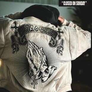 美式复古重磅刺绣棒球服男关闭周日传教士宽松加厚夹克棉衣外套冬