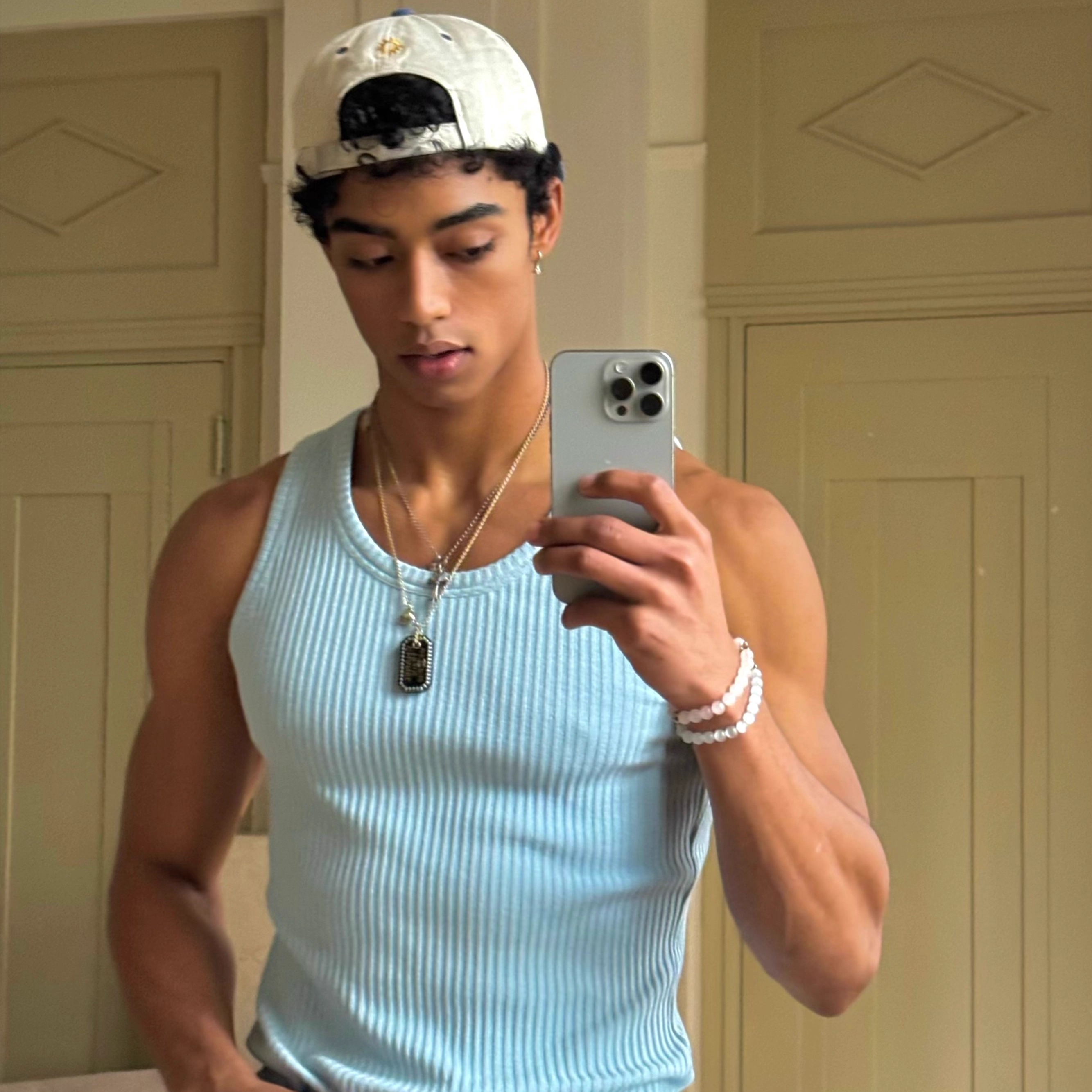 夏季清新藍彈力坑條背心男女