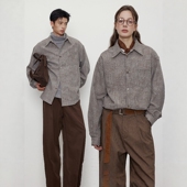 日系复古渐变色纽扣长袖 设计感大地色系泡泡肌理翻领上衣 格纹衬衫