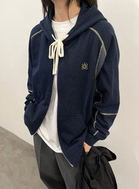 日系拼接撞色双拉链情侣外套男女春秋宽松休闲连帽明线设计感卫衣