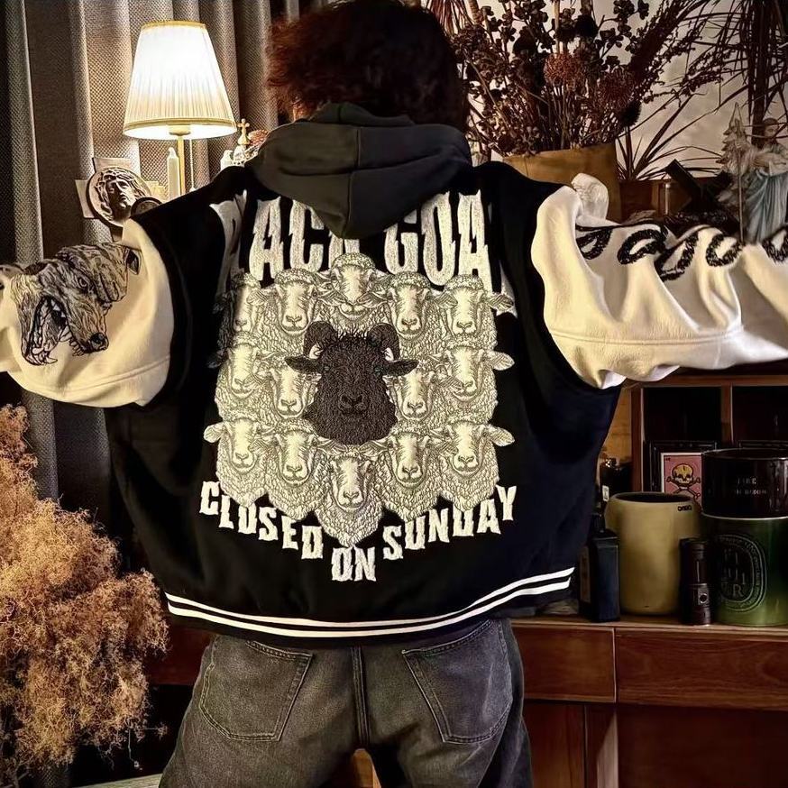 美式休闲重磅害群之马棒球服男潮牌宽松休闲夹棉加厚保暖夹克外套