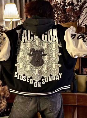 美式休闲重磅害群之马棒球服男潮牌宽松休闲夹棉加厚保暖夹克外套