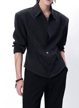 设计感小众收腰垫肩中袖衬衫男性张力感痞帅翻领纯色夹克上衣外套