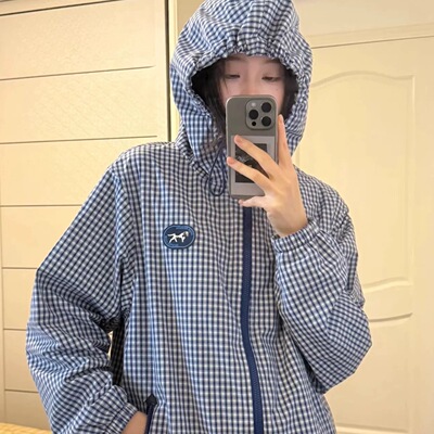 美式复古刺绣定织蓝白格子外套女