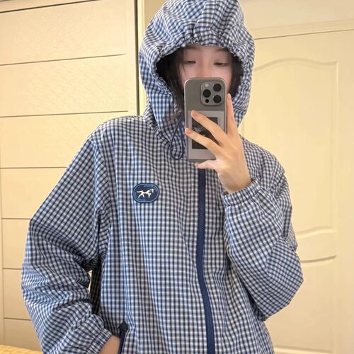 美式复古刺绣定织蓝白格子外套女