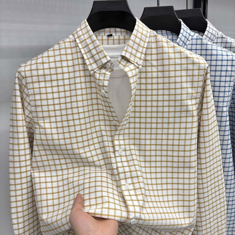 2026春秋新款格子衬衫中年男长袖翻领百分百纯棉商务休闲免烫衬衣