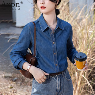 深蓝色软牛仔衬衫女士2025秋冬内搭叠穿修身衬衣小个子正肩上衣服