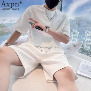 时尚 两件套 男士 短裤 运动套装 纯色薄款 透气短袖 2025年夏季 圆领修身