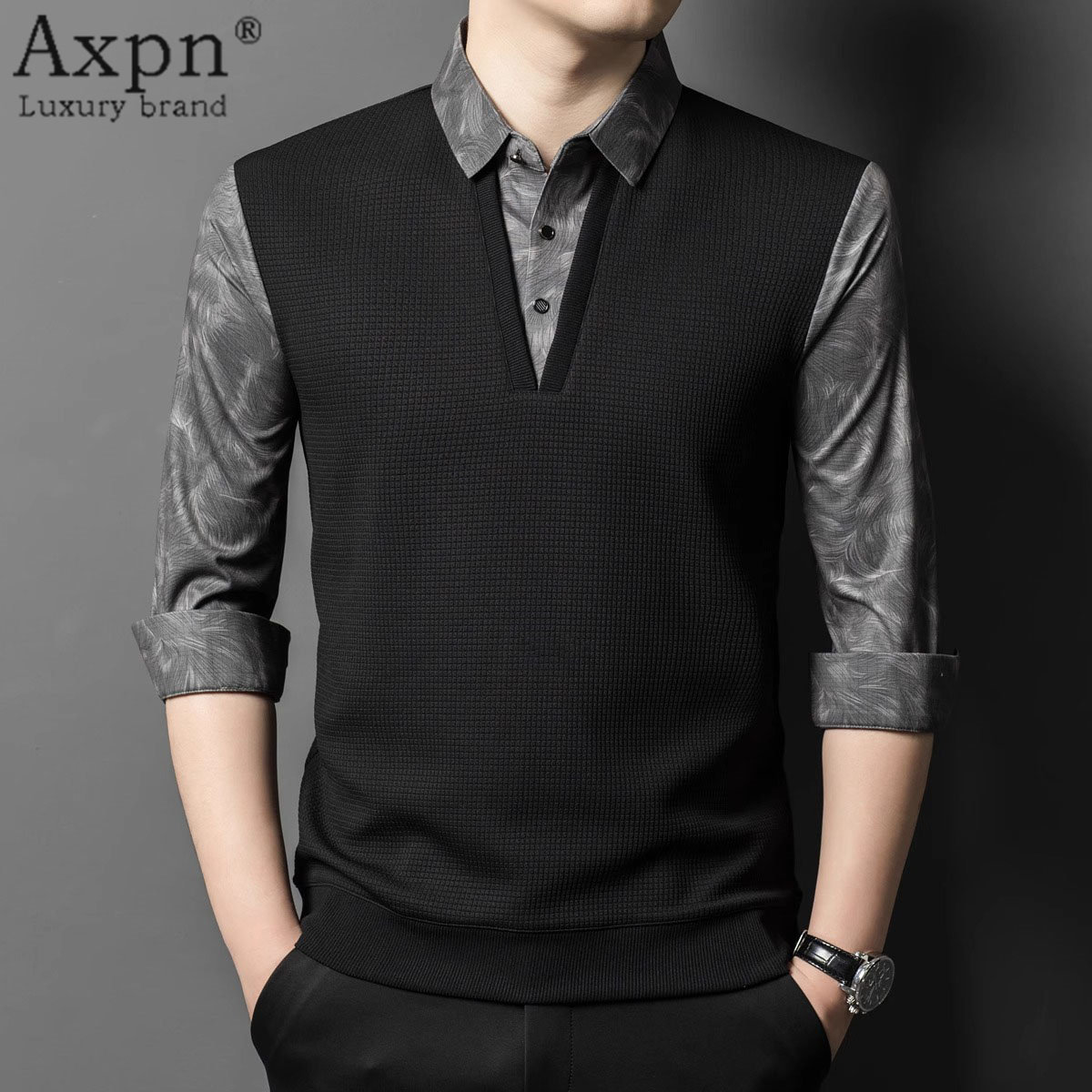 长袖t恤男士2025年秋季休闲衬衫领打底上衣时尚印花翻领卫衣男款