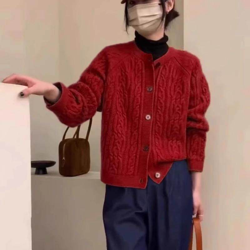 2024冬季时尚朗姿新款圆领扭花加厚纯羊绒针织女开衫短款毛衣外套,女装/女士精品,羊绒衫,淘宝优惠券,粉丝福利购,淘宝优惠卷