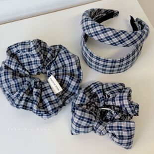 韩系复古蓝格子发圈头绳百搭气质高颅顶显脸小发箍宽边压发发卡