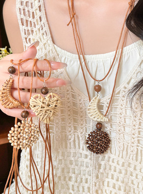 波西米亚民族风爱心月亮编织项链女小众独特个性夏季长款海边配饰