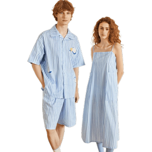 sofu条纹短袖+短裤家居服套装男女情侣睡衣可外穿冰丝凉感居家服