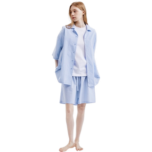 sofu纯棉情侣睡衣女春秋短袖短裤家居服套装100%全棉可外穿居家服